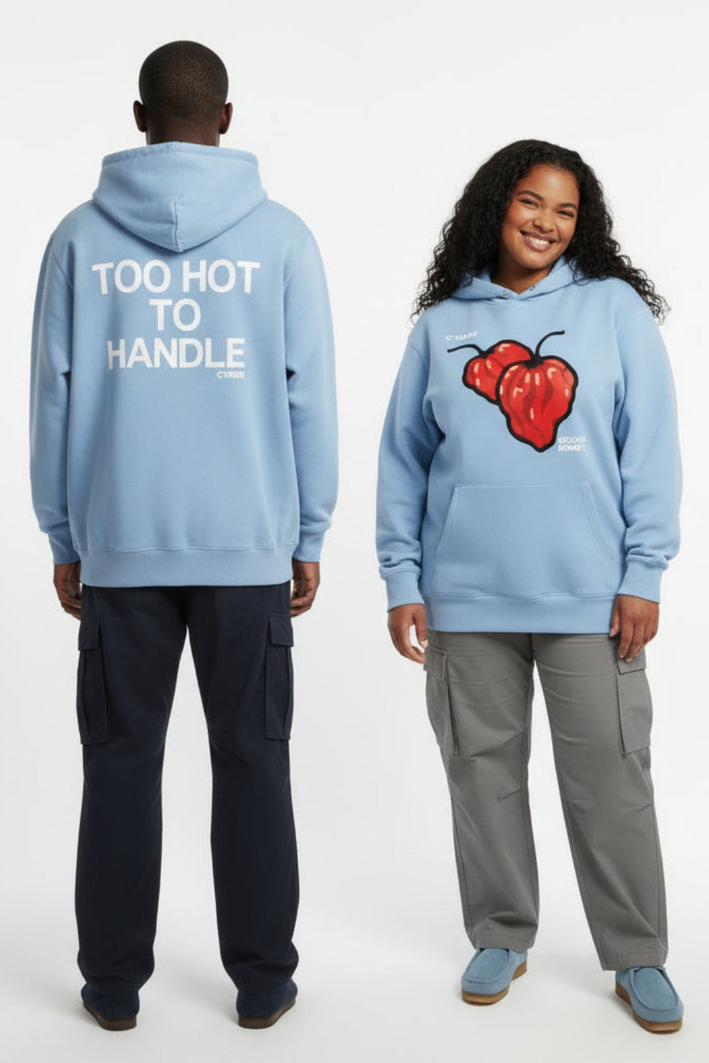 Man and woman showing front and back of Scotch Bonnet graphic hoodie in Blue Soul