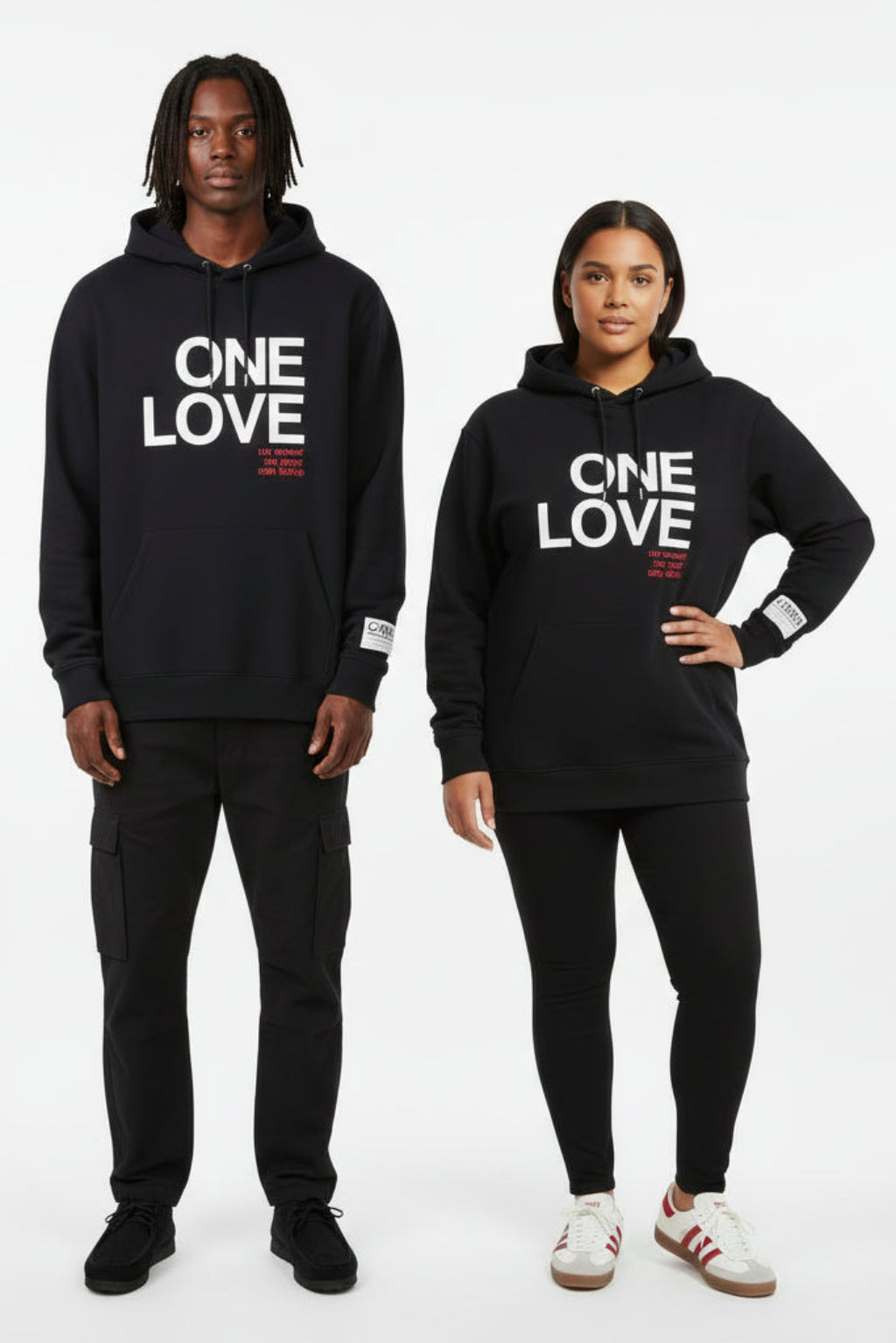 Man and wearing black hoodies with 'ONE LOVE' text on a white background