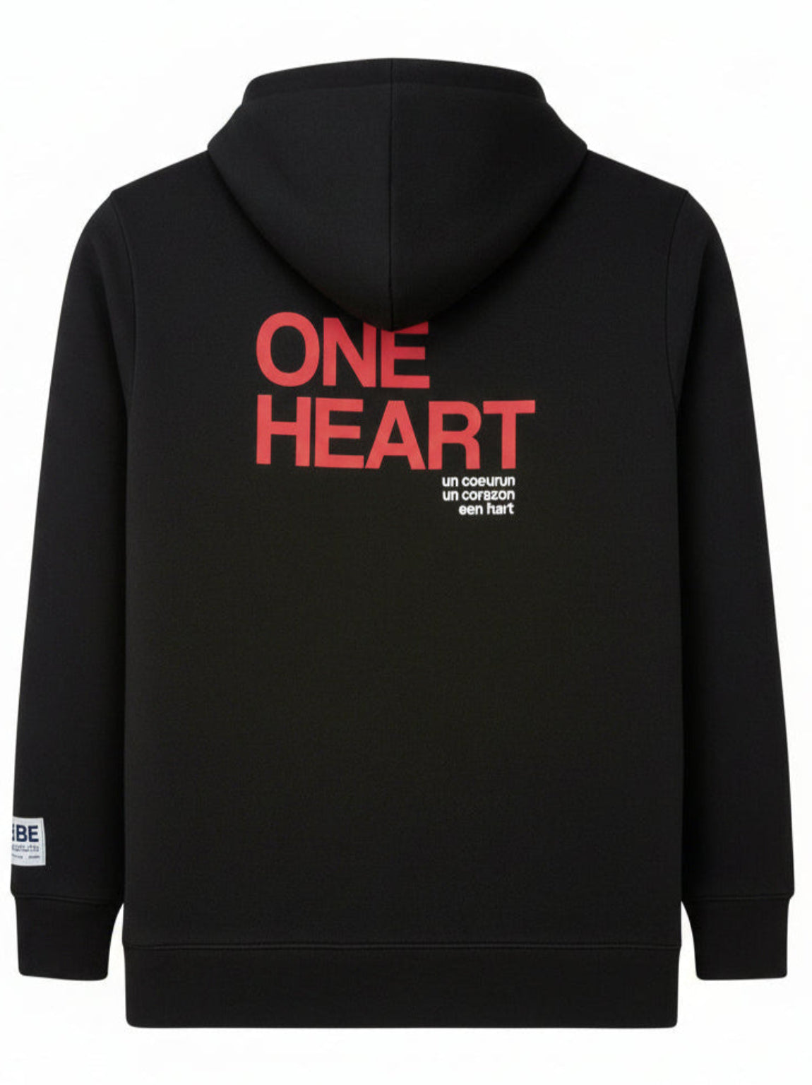 Black hoodie with 'ONE HEART' text on the back against a white background
