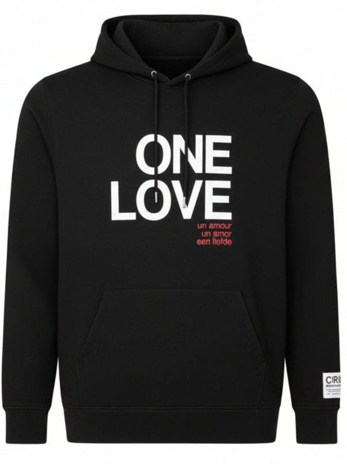 Black hoodie with 'ONE LOVE' text on the front on a white background