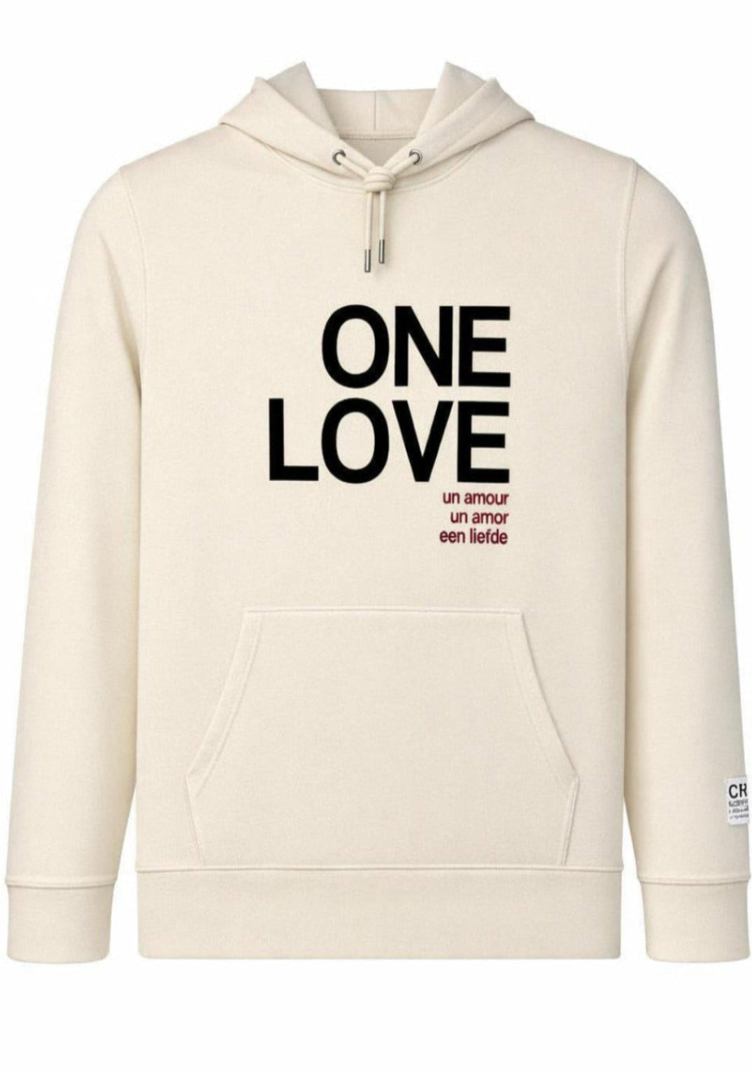 Natural  hoodie with 'ONE LOVE' text on the front