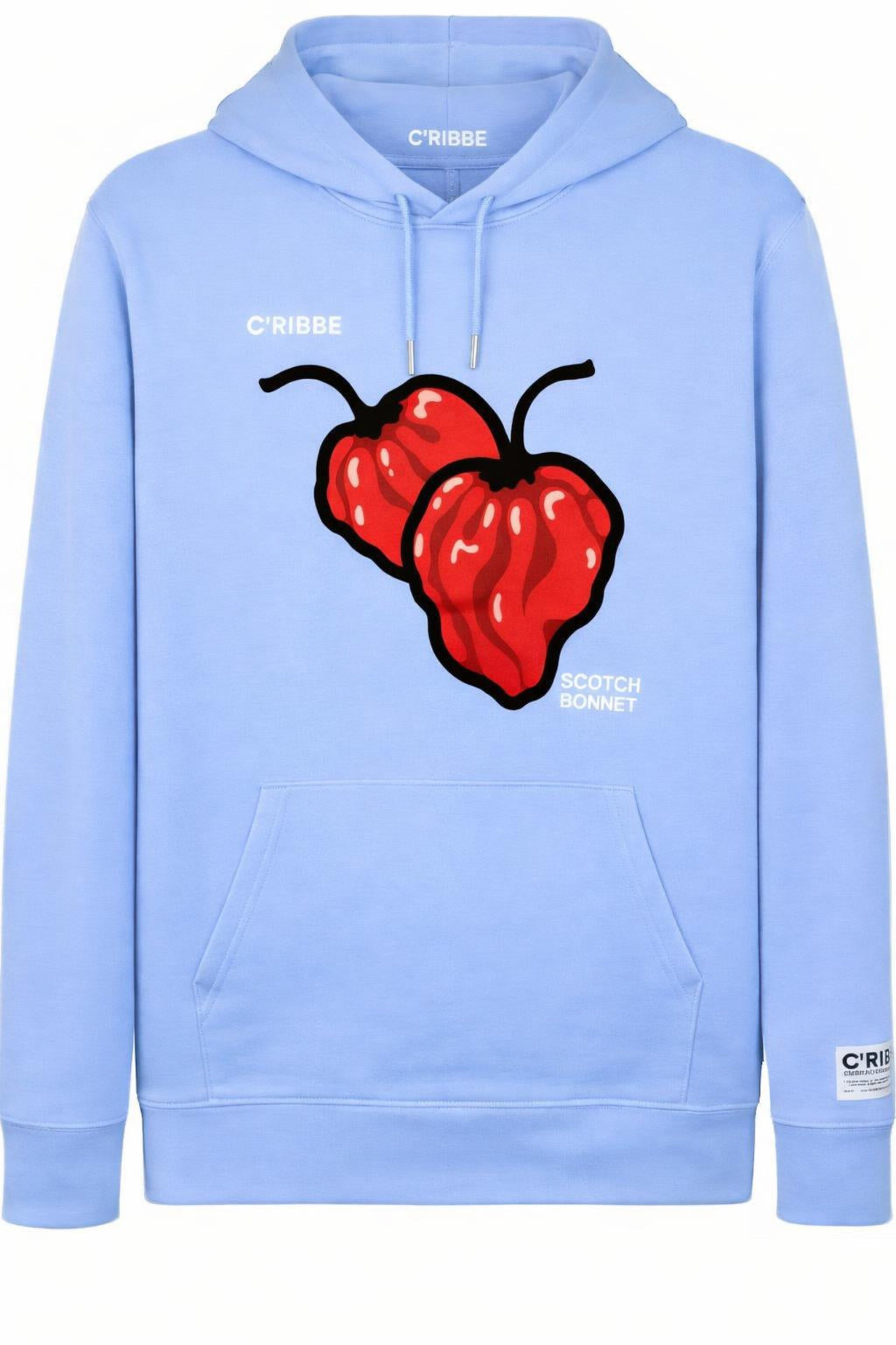 Light blue hoodie with red Scotch Bonnet graphic and 'C'RIBBE' branding on a white background