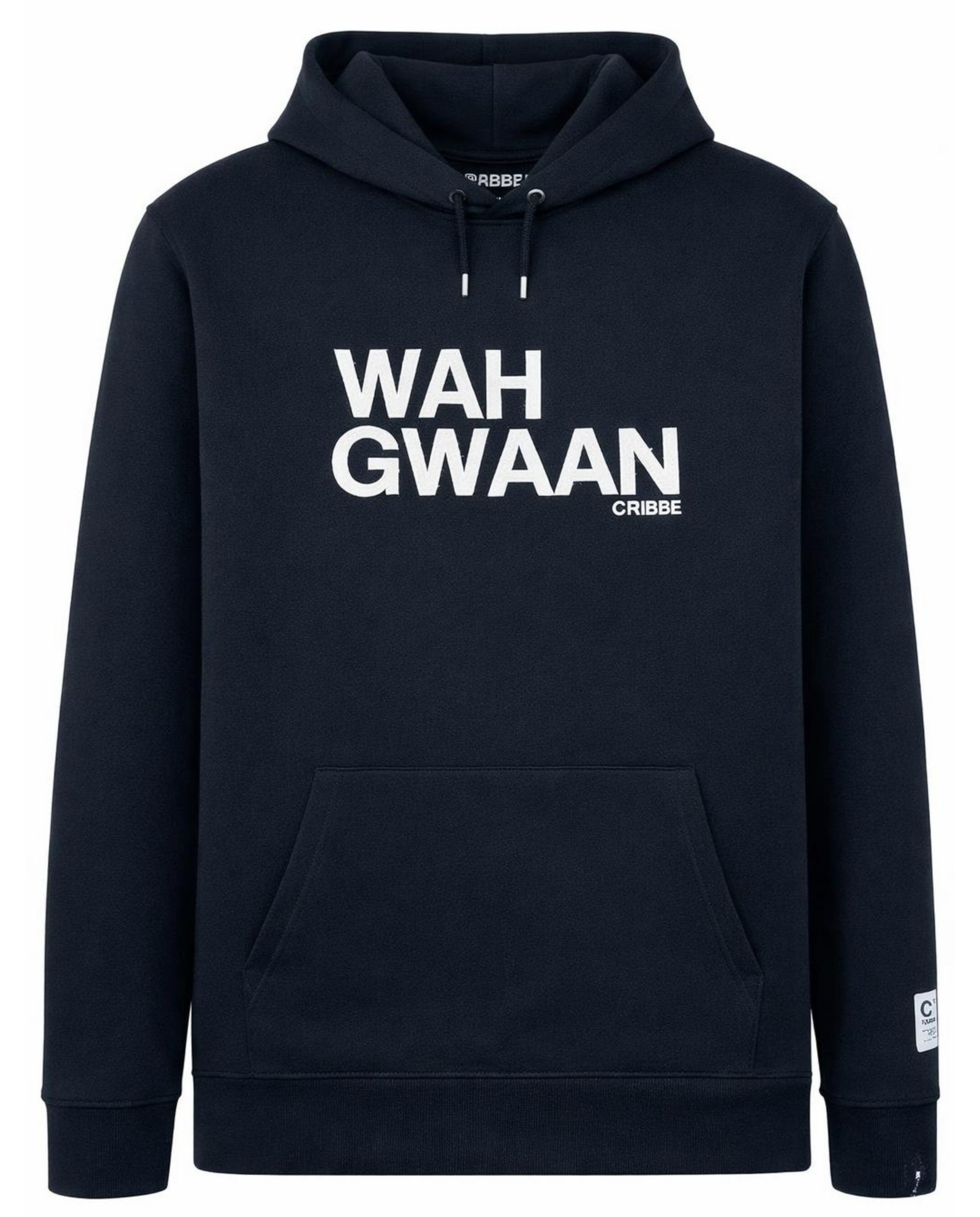 Black hoodie with 'WAH GWAAN' text on a white background