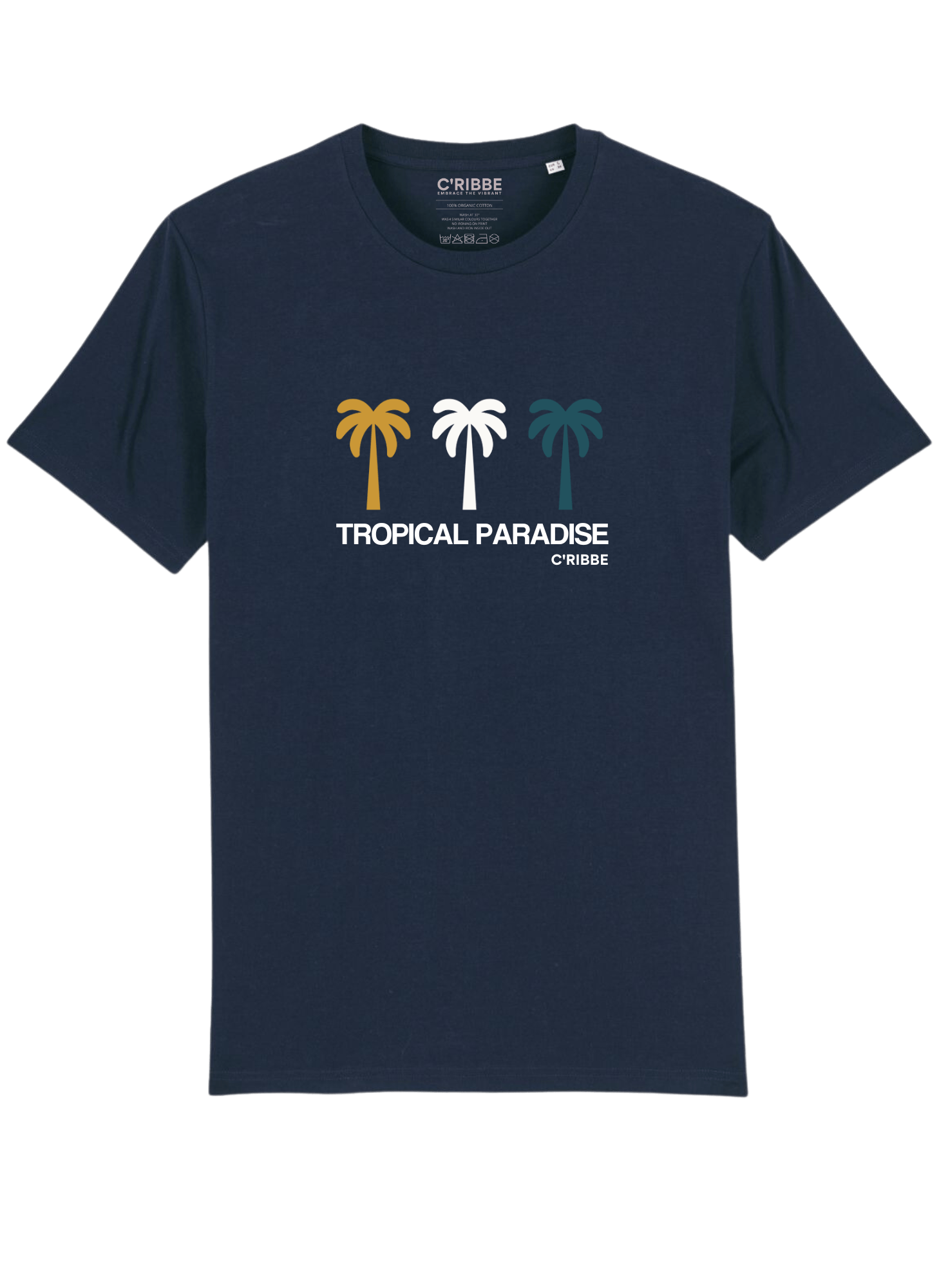 Tropical Paradise Print Unsex Crew Neck T-Shirt, French Navy